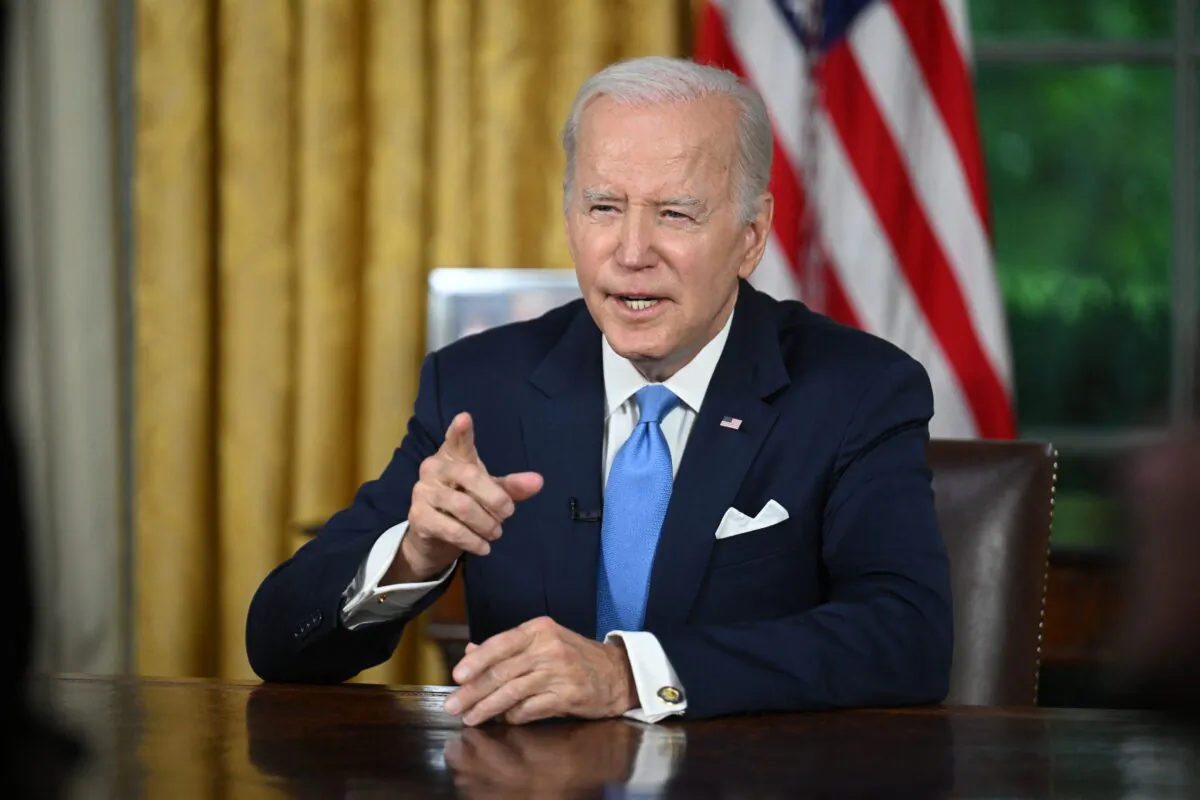 President Joe Biden addresses the nation on averting default and the Bipartisan Budget Agreement, in the Oval Office of the White House on June 2, 2023. (Jim Watson/Pool/AFP via Getty Images)