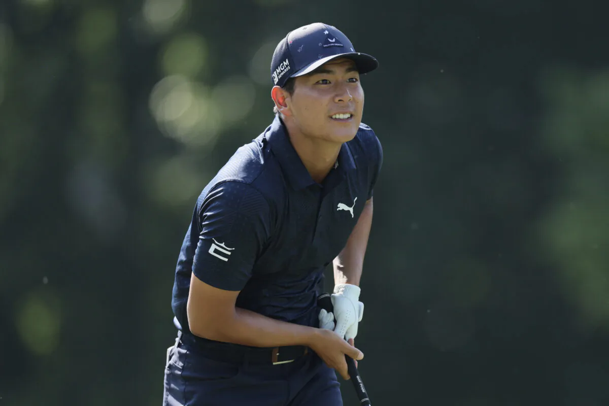 Justin Suh of the United States watches his shot from the 16th tee during the second round of the Memorial Tournament presented by Workday at Muirfield Village Golf Club in Dublin, Ohio, on June 2, 2023. (Andy Lyons/Getty Images)