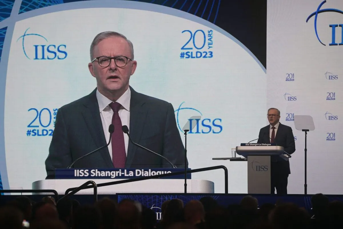 Australian Prime Minister Anthony Albanese delivers his keynote address at the Shangri-La Dialogue summit in Singapore on June 2, 2023. (Photo by AFP) (Photo by STR/AFP via Getty Images)