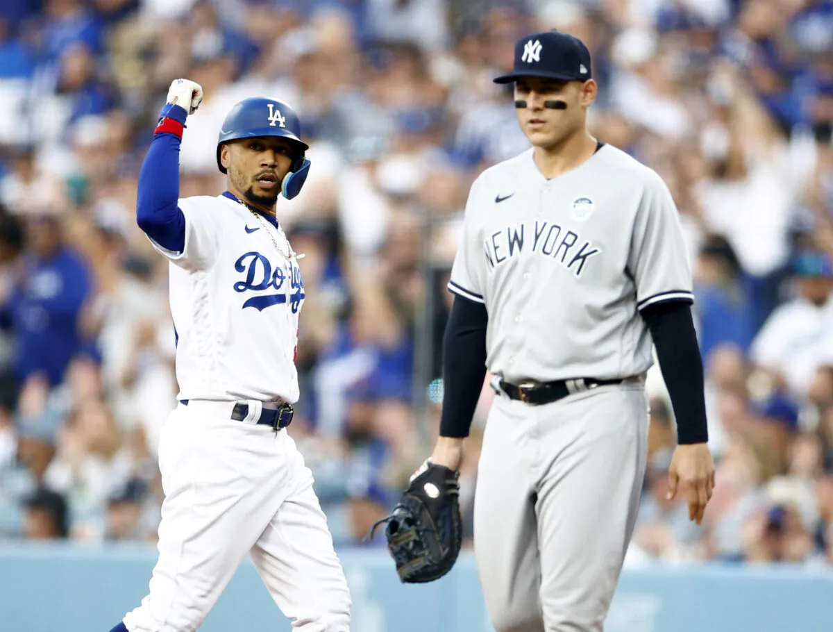 Mookie Betts (50) of the Los Angeles Dodgers after a single against the New York Yankees in the first inning at Dodger Stadium in Los Angeles on June 2, 2023. (Ronald Martinez/Getty Images)
