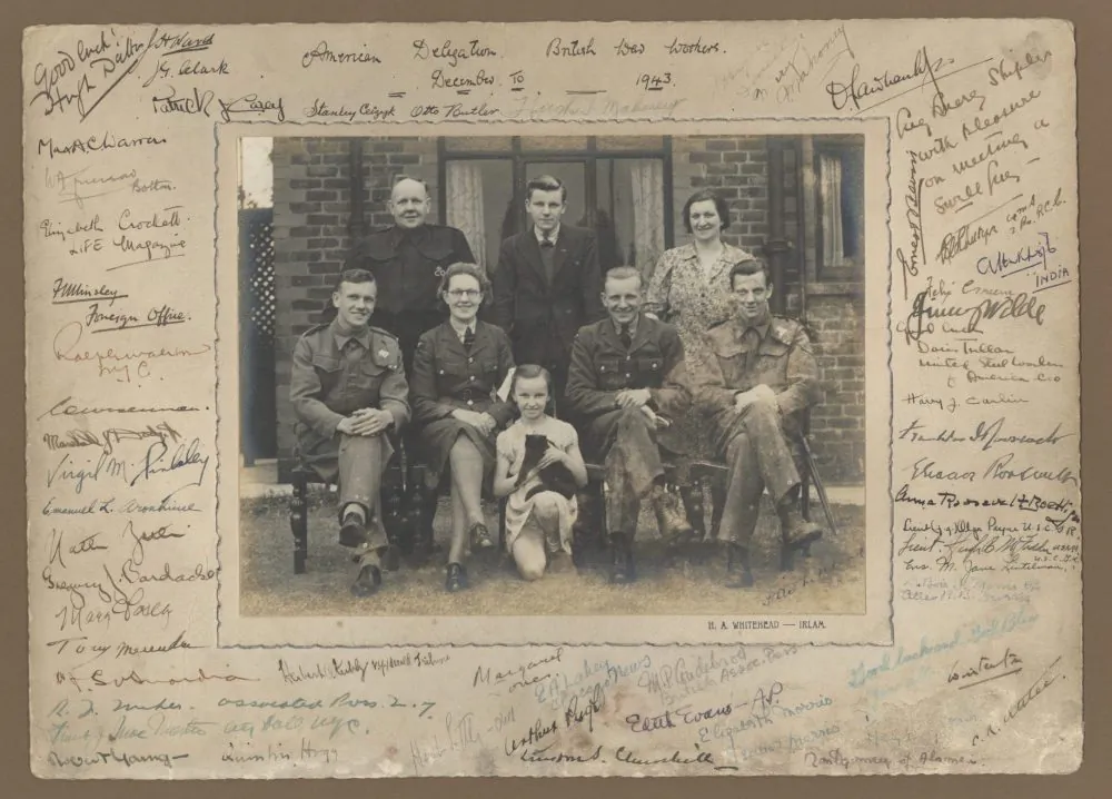 A photograph that became a memento, with the signatures of Winston Churchill, Franklin Delano Roosevelt, and Eleanor Roosevelt, as well as the British and American workers who cooperated in an exchange to tour their allies’ industries. (Courtesy of the Raab Collection)