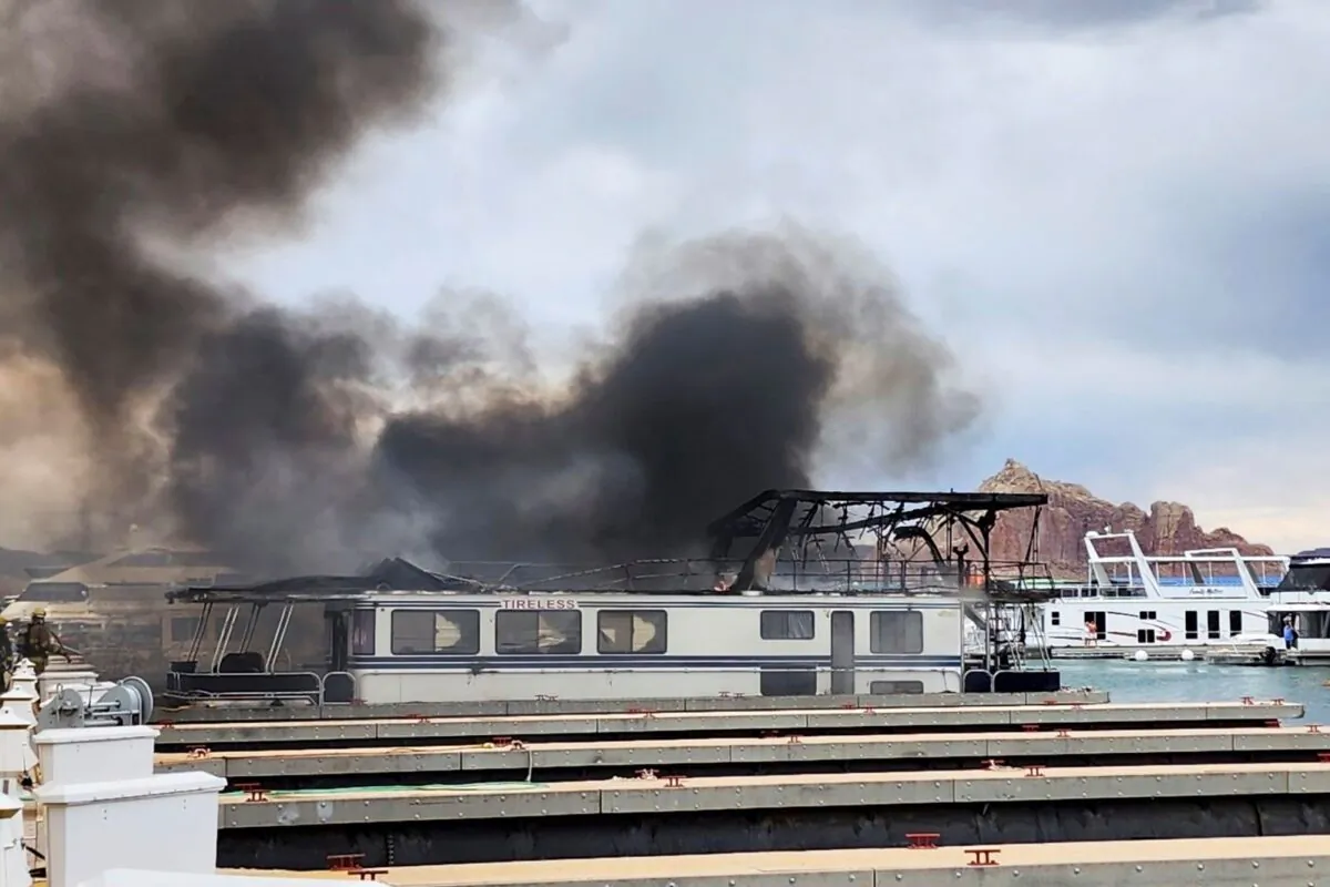 Smoke rising from a fire at Wahweap Marina on Lake Powell near Page, Nev., on June 2, 2023. (Robert Wilkes via AP)