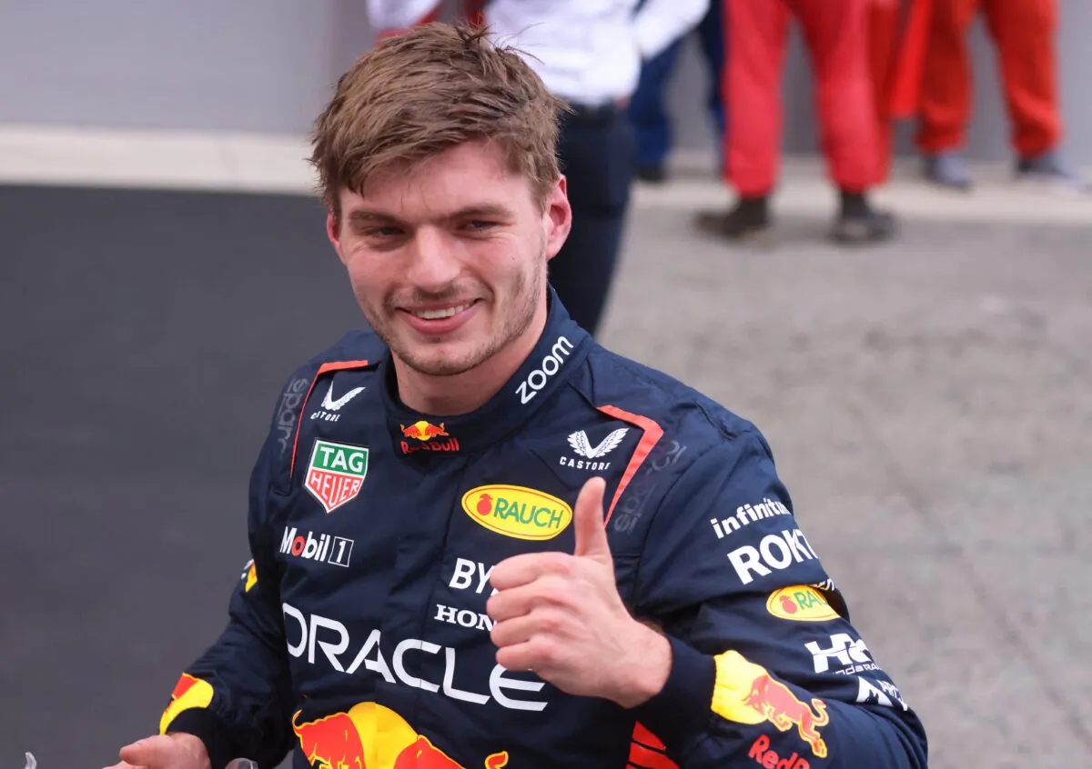 Red Bull's Max Verstappen celebrates after qualifying in pole position at the F1 Spanish Grand Prix at Circuit de Barcelona-Catalunya in Barcelona on June 3, 2023. (Nacho Doce/Reuters)