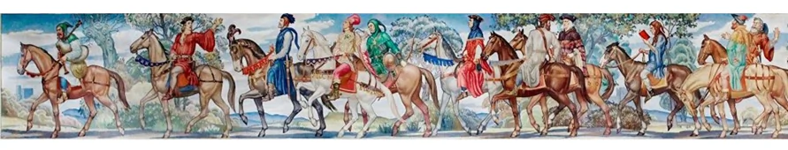 Mural by Ezra Winter illustrating the characters in the Canterbury Tales by Geoffrey Chaucer. Library of Congress John Adams Building, Washington, D.C.] This mural on the west wall shows (L–R): "The Miller, in the lead, piping the band out of Southwark; the Host of Tabard Inn; the Knight, followed by his son, the young Squire, on a white palfrey; a Yeoman.  (Public Domain)