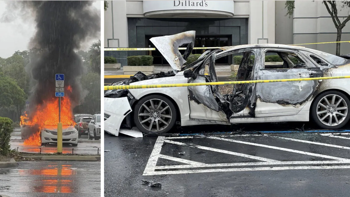 Photos of a vehicle that caught fire outside the Oviedo Mall, in Oviedo, Fla., on May 26, 2023. (Courtesy of Oviedo Police Department)