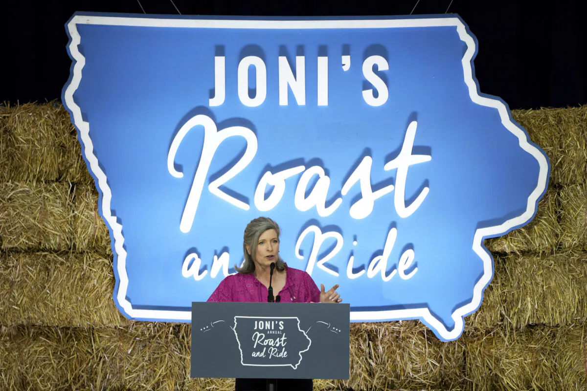 Sen. Joni Ernst (R-Iowa) speaks during her annual “Roast and Ride” event “Roast and Ride” event in Des Moines, Iowa, on June 3, 2023. (Charlie Neibergall/AP Photo)