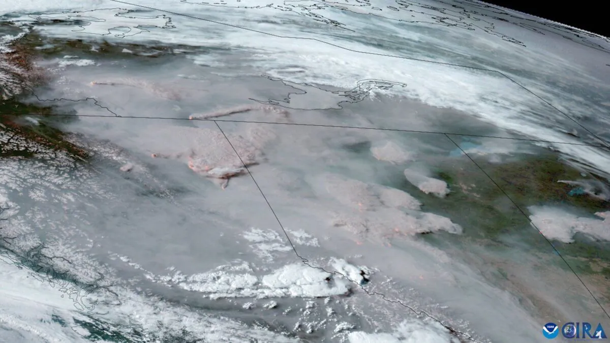 Wildfires and smoke are shown in British Columbia and Alberta in this satellite image taken Thursday, May 18, 2023. (The Canadian Press/HO - Co-operative Institute for Research on the Atmosphere (CIRA) at the University of Colorado and the National Oceanic and Atmospheric Administration)