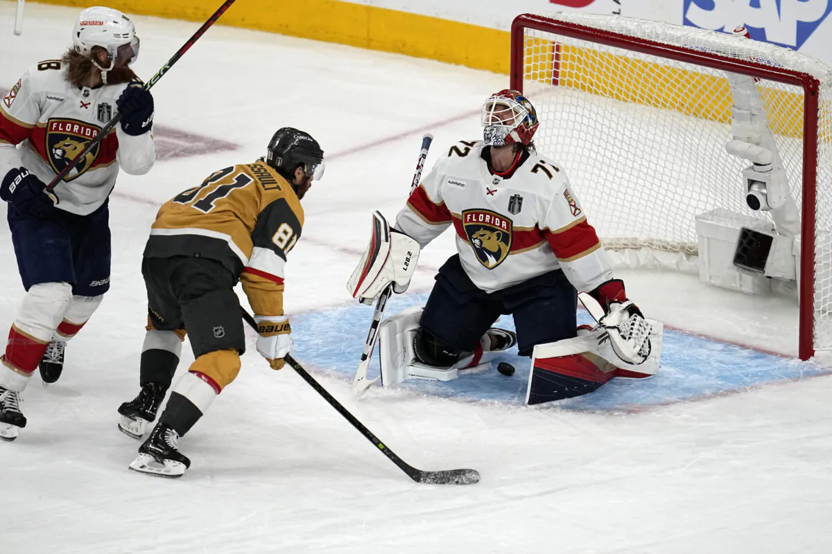 Vegas Golden Knights right wing Jonathan Marchessault (81) watches as a goal by defenseman Zach Whitecloud slips past Florida Panthers goaltender Sergei Bobrovsky (72) during the third period of Game 1 of the NHL hockey Stanley Cup Finals in Las Vegas on June 3, 2023. (Abbie Parr/AP Photo)