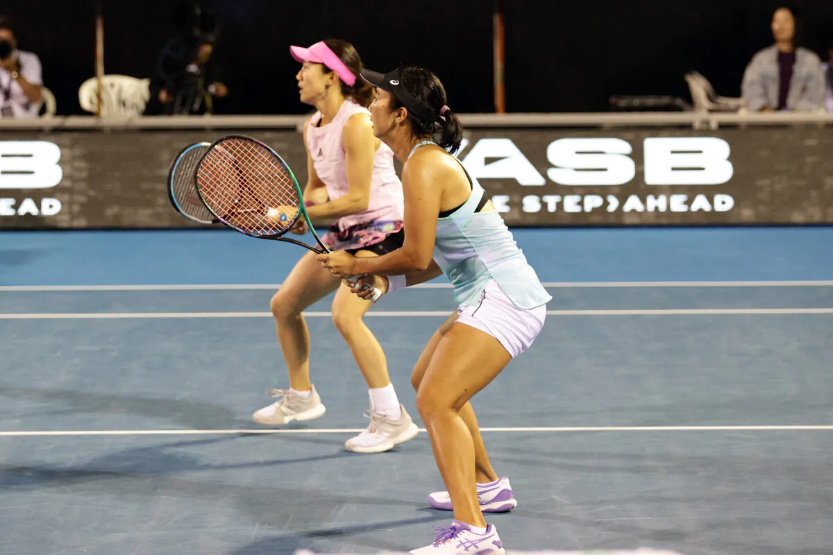 Japan's Miyu Kato (L) and Indonesia's Aldila Sutjiadi play in the womens doubles final match against Canada's Leylah Fernandez and Bethanie Mattek-Sands of the US at the ASB Classic Tennis Tournament in Auckland on January 8, 2023. (David Rowland/ AFP via Getty Images)