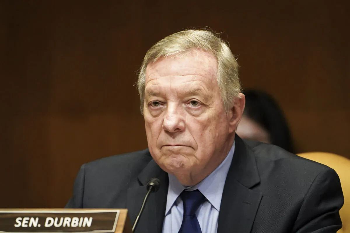 Sen. Richard Durbin (D-Ill.) speaks during a hearing reviewing the president’s fiscal year 2024 budget request for the National Guard and Reserve in Washington on June 1, 2023. (Madalina Vasiliu/The Epoch Times)