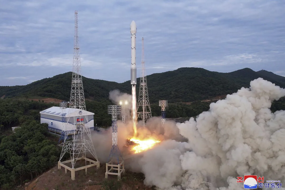The newly developed Chollima-1 rocket carrying the Malligyong-1 satellite is launched from the Sohae Satellite Launching Ground in Tongch'ang-ri, North Korea, on May 31, 2023. (Korean Central News Agency/Korea News Service via AP)