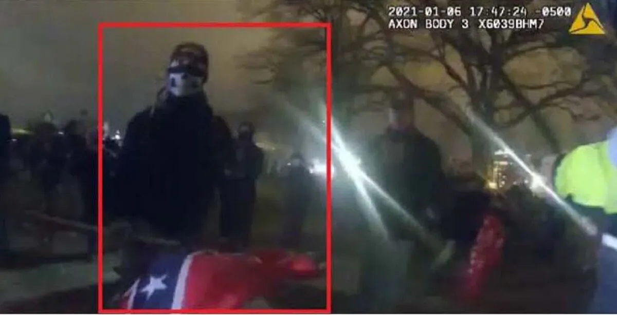 In this image from video, David Alan Blair, indicated by a red square, confronts law enforcement officers in Washington on Jan. 6, 2021. (Metropolitan Police Department via The Epoch Times)