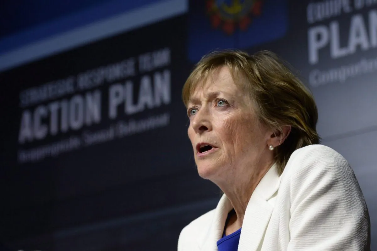 Marie Deschamps, a former Supreme Court justice and author of an inquiry into sexual misconduct in the Canadian Forces, speaks at a news conference in Ottawa on April 30, 2015. (The Canadian Press/Adrian Wyld)