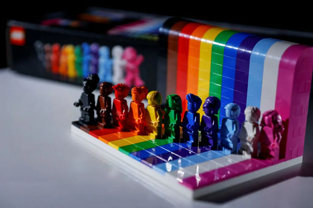 Danish toy brick maker Lego's "Everyone is Awesome" set of rainbow-colored figurines on June 3, 2021. (Thomas Samson/AFP via Getty Images)