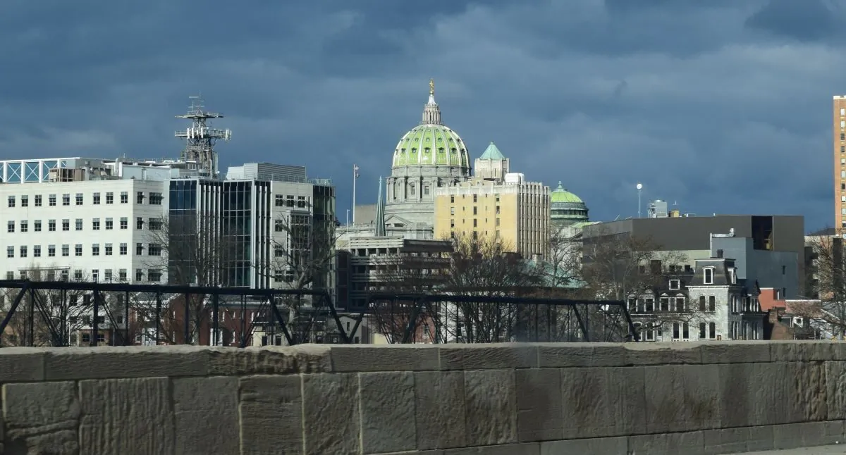 Dome of the Pennsylvania Capitol building seen in the Harrisburg skyline in Dec. 2023. (Beth Brelje/The Epoch Times)