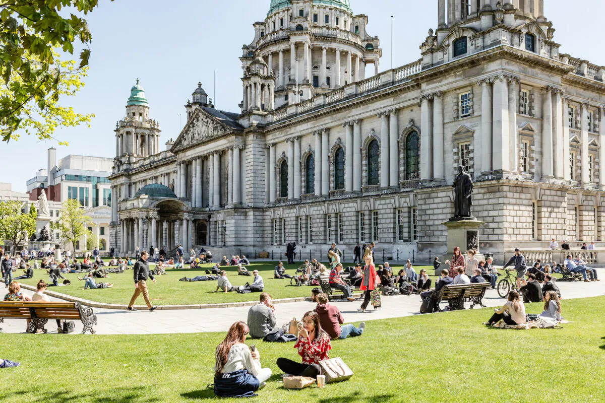 Belfast, Antrim, Northern Ireland - 03 May, 2017: Belfast City Hall and Grounds, on a sunny day.