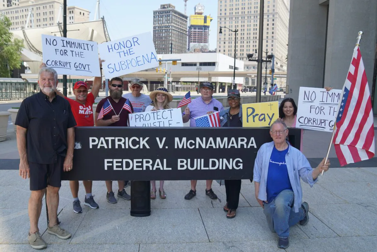 Organizers of a protest against the politicization of the FBI in Detroit, Mich. on June 3, 2023. (Steven Kovac/Epoch Times)