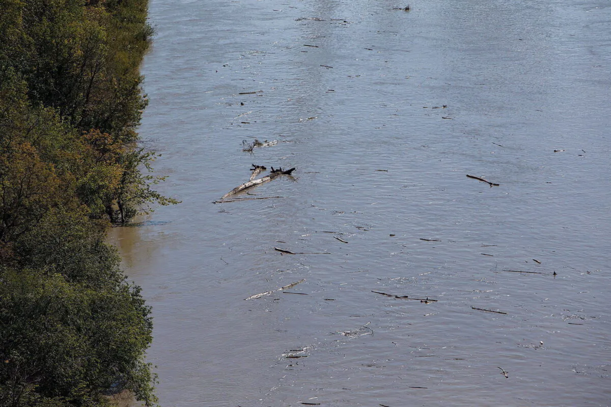 Debris is seen floating along the North Saskatchewan River as water levels rise in Edmonton, Alta., on Wednesday, Aug. 24, 2016. (Codie McLachlan/The Canadian Press)