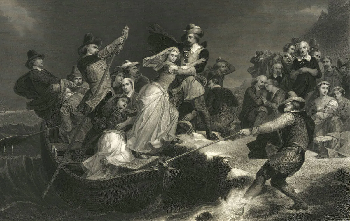 "Landing of the Pilgrims on Plymouth Rock, 1620," engraving by Joseph Andrews, circa 1869. (Public Domain)