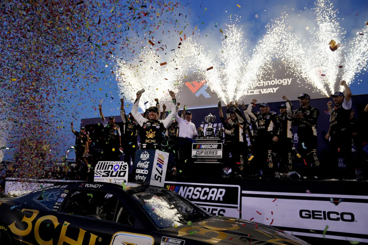 Kyle Busch celebrates after winning a NASCAR Cup Series auto race at World Wide Technology Raceway, in Madison, Ill., on June 4, 2023 (Jeff Roberson/AP Photo)