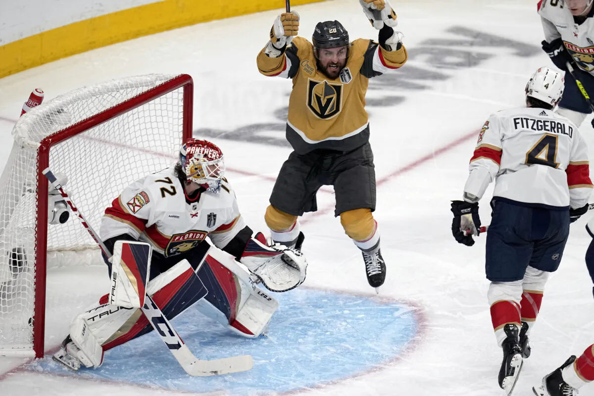 Vegas Golden Knights left wing William Carrier (28) celebrates a after a goal against the Florida Panthers during the second period of Game 2 of the NHL hockey Stanley Cup Finals in Las Vegas on June 5, 2023. (Abbie Parr/AP Photo)