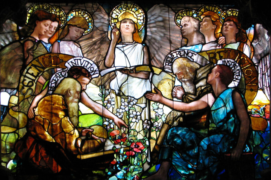 The balance between "mythos" and "logos" with science and faith harmoniously presided over by the personification of "Light, Love and Life." Central panel of "Education," 1890, by Louis Comfort Tiffany. Stained glass window in Linsly-Chittenden Hall, Yale University. (Public Domain)