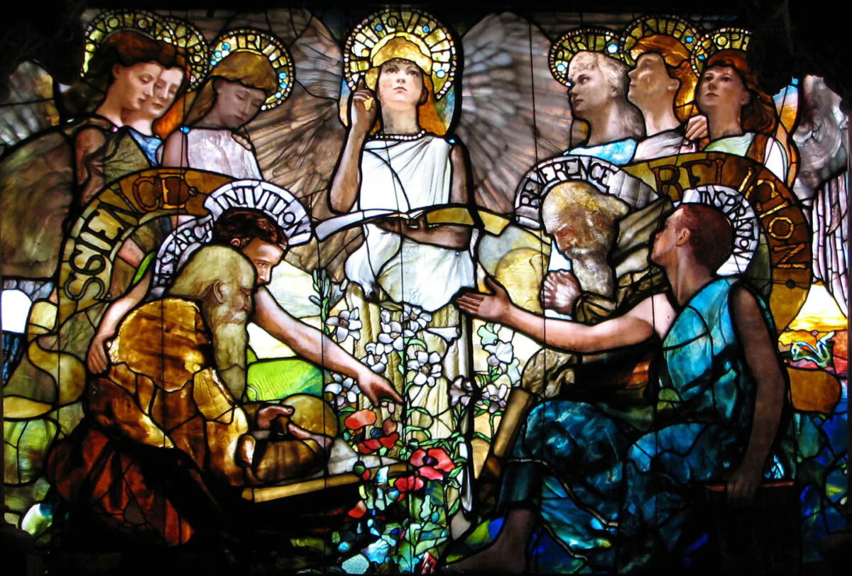 The balance between "mythos" and "logos" with science and faith harmoniously presided over by the personification of "Light, Love and Life." Central panel of "Education," 1890, by Louis Comfort Tiffany. Stained glass window in Linsly-Chittenden Hall, Yale University. (Public Domain)