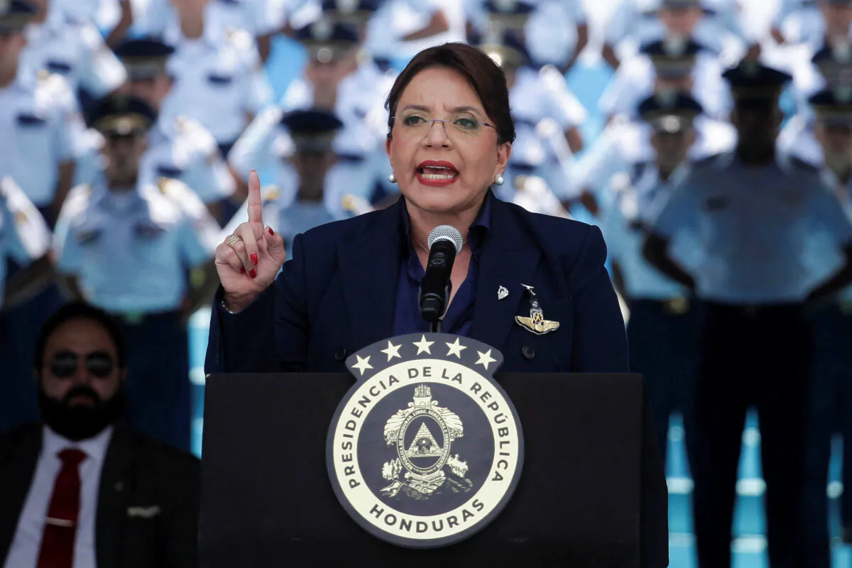 Honduras President Xiomara Castro delivers a speech during a ceremony to mark the anniversary of the Honduran Air Force at the Hernan Acosta Air Base in Tegucigalpa, Honduras, on April 21, 2023. (Fredy Rodriguez/Reuters)