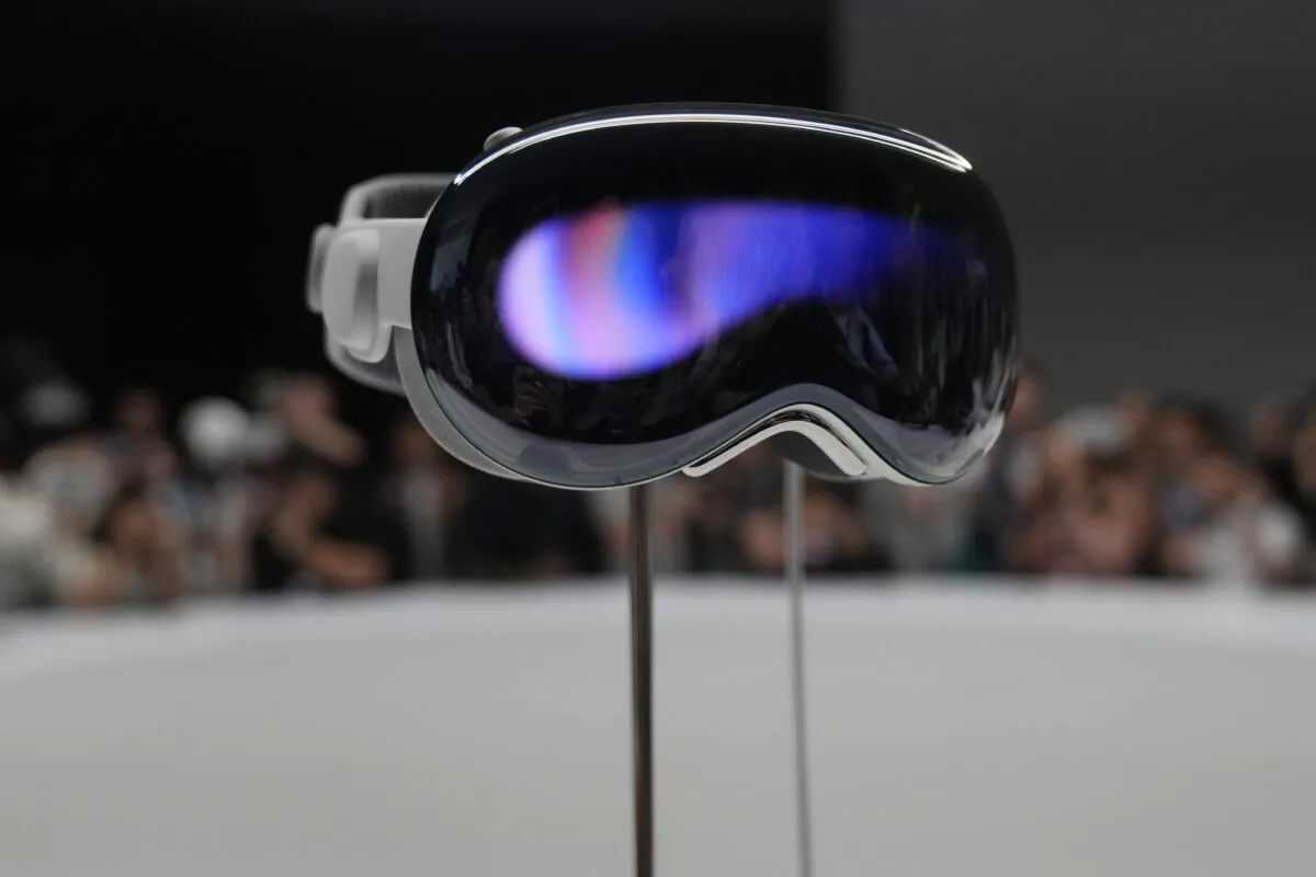 The Apple Vision Pro headset is displayed in a showroom on the Apple campus in Cupertino, Calif., at the company's annual developers conference on June 5, 2023. (Jeff Chiu/AP Photo)