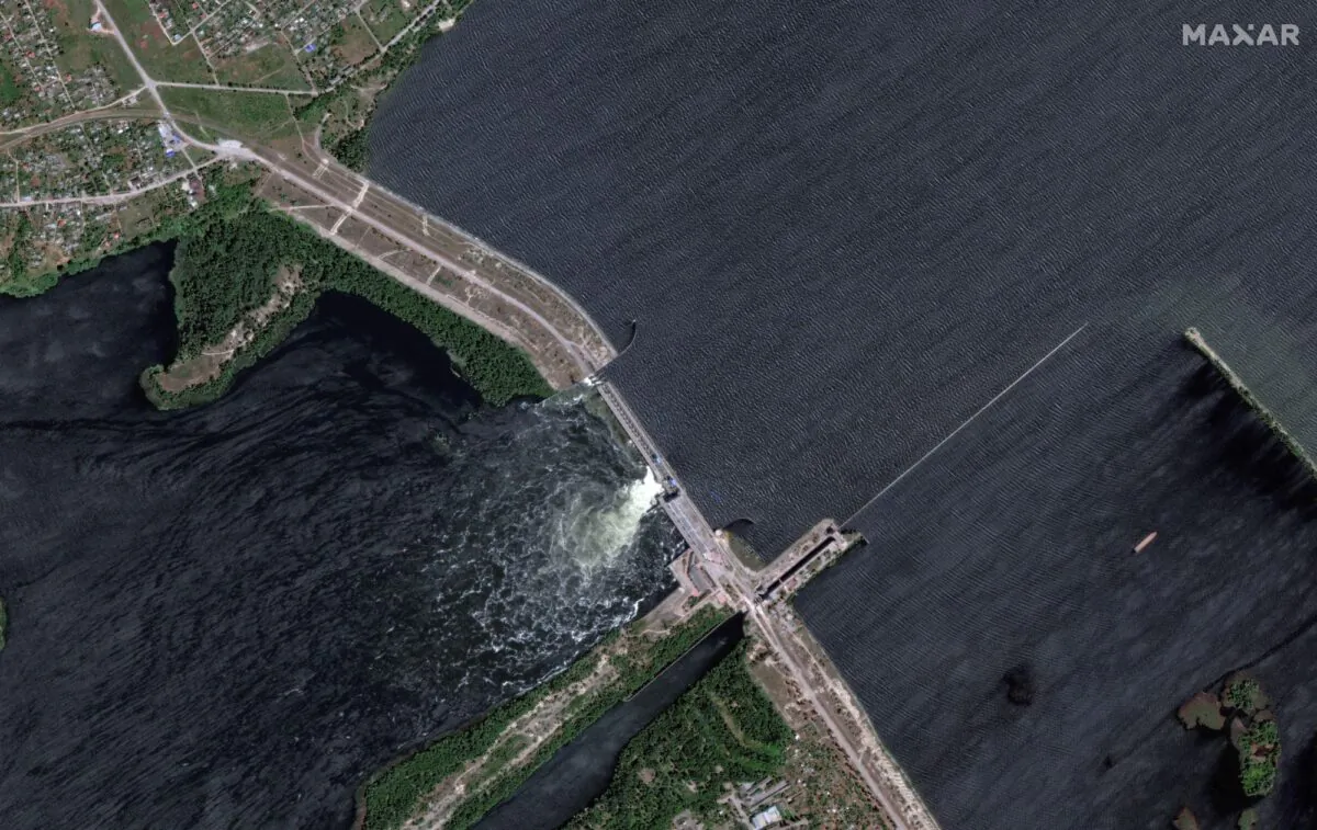 A satellite image shows Nova Khakovka dam in Kherson region, Ukraine, on June 5, 2023. (Maxar Technologies/Handout via Reuters/File Photo)