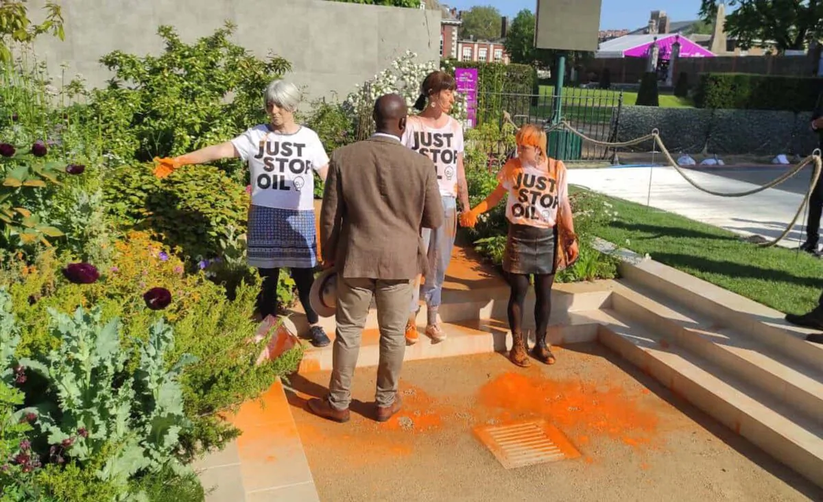 Just Stop Oil protesters at Chelsea Flower Show were arrested on suspicion of criminal damage, in London on May 25, 2023. (Just Stop Oil/PA Photo)