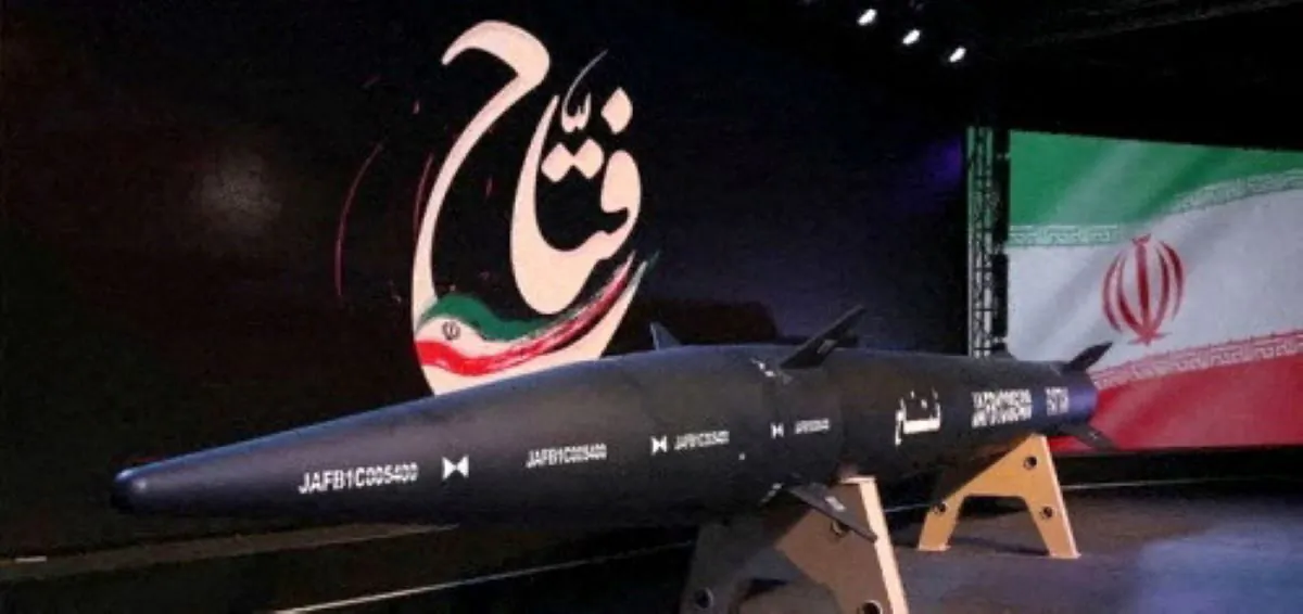 A new hypersonic ballistic missile called "Fattah" with a range of 1400 km, unveiled by Iran, is seen in Tehran, Iran, on June 6, 2023. (IRGC/WANA (West Asia News Agency)/Handout via Reuters)