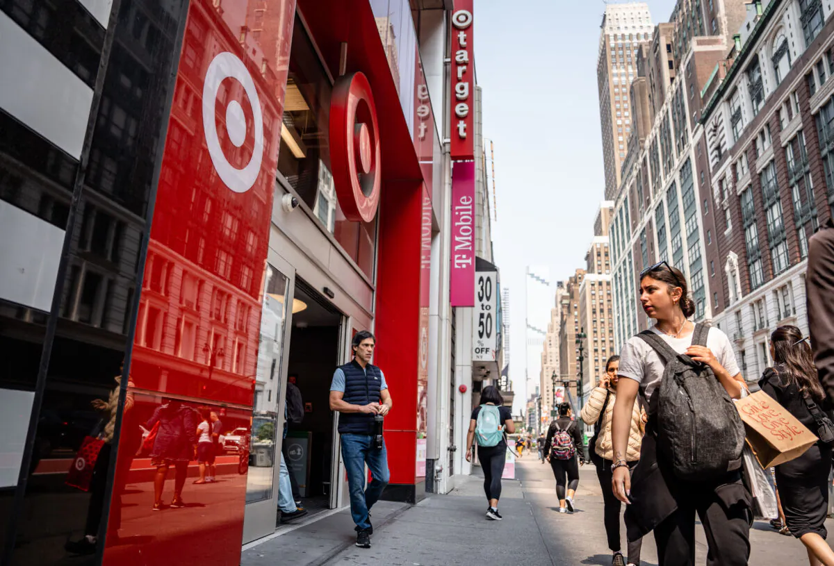 People walk past a Target store in New York on June 6, 2023. (Samira Bouaou/The Epoch Times)