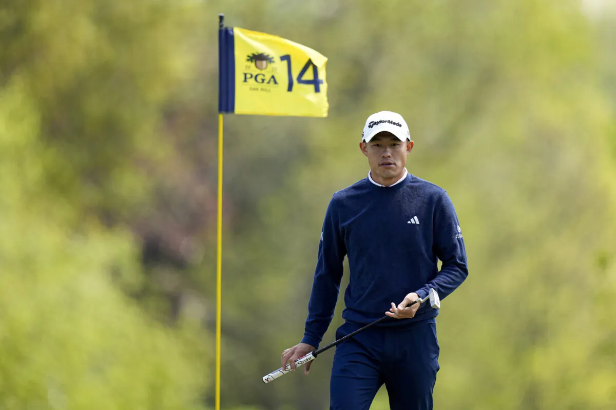 Collin Morikawa lines up a putt on the 14th hole during a practice round for the PGA Championship golf tournament at Oak Hill Country Club in Pittsford, N.Y., on May 17, 2023. (Eric Gay/AP Photo)