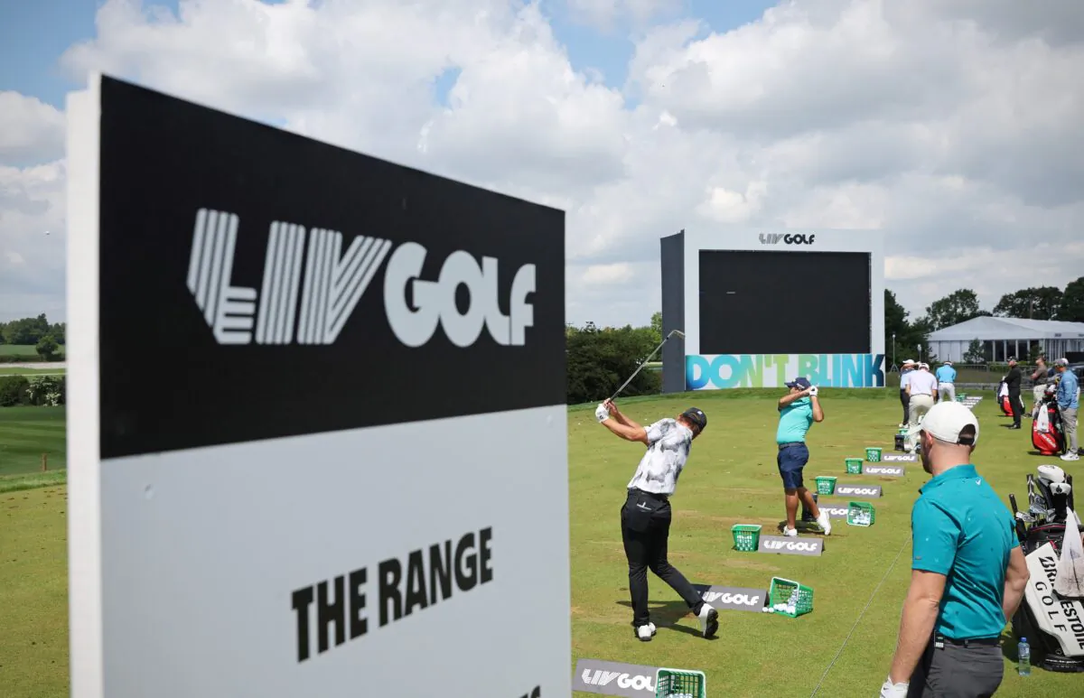 Players practice on the driving range ahead of ahead of the forthcoming LIV Golf Invitational Series event at The Centurion Club in St Albans, north of London, on June 7, 2022. (Adrian Dennis/AFP via Getty Images)