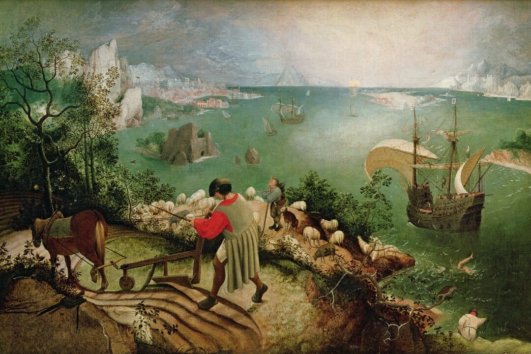 "Landscape With the Fall of Icarus," c. 1555 (oil on canvas) by Pieter Bruegel, the Elder (c. 1525–69); 73.5 x 112 cm; Musees Royaux des Beaux-Arts de Belgique, Brussels, Belgium. Icarus is seen with his legs thrashing in the sea; Giraudon; Flemish, out of copyright.