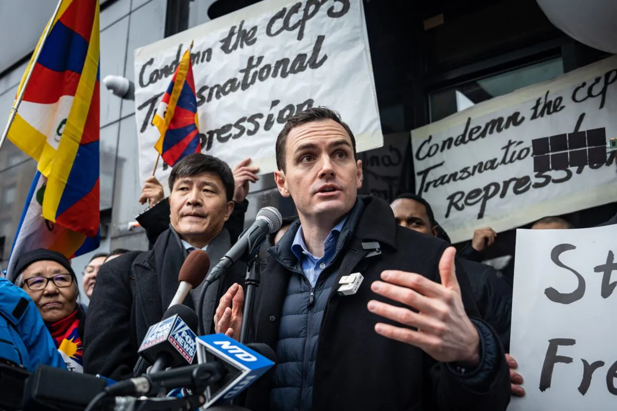 Rep. Mike Gallagher (R-Wis.) speaks at a press conference and rally in front of the America ChangLe Association highlighting Beijing's transnational repression, in New York City on Feb. 25, 2023. A now-closed overseas Chinese police station is located inside the association building.(Samira Bouaou/The Epoch Times)