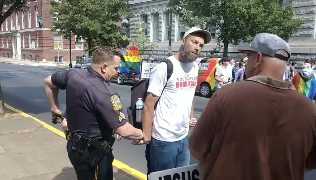 Damon Atkins is arrested in Reading, Pa., during the annual pride flag raising at city hall on June 3, 2023. (Courtesy of Matthew Wear) 