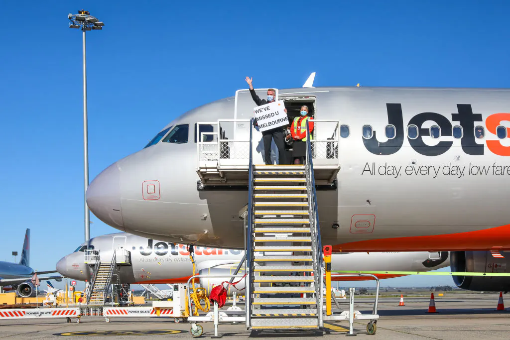A Jetstar flight at Melbourne Airport in Melbourne, Australia on Nov. 1, 2021. (Asanka Ratnayake/Getty Images)