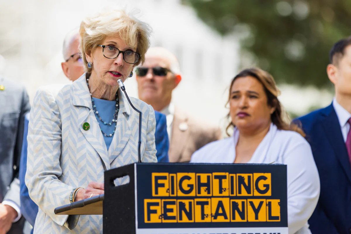 California Assemblywoman Diane Dixon, R-Newport Beach, speaks at a press conference where California Assemblymembers, law enforcement officials, and local representatives proposed to put stricter fentanyl enforcement on the upcoming 2024 ballot, in front of the Capitol in Sacramento on June 6, 2023. (Courtesy of Assembly Republican Caucus)