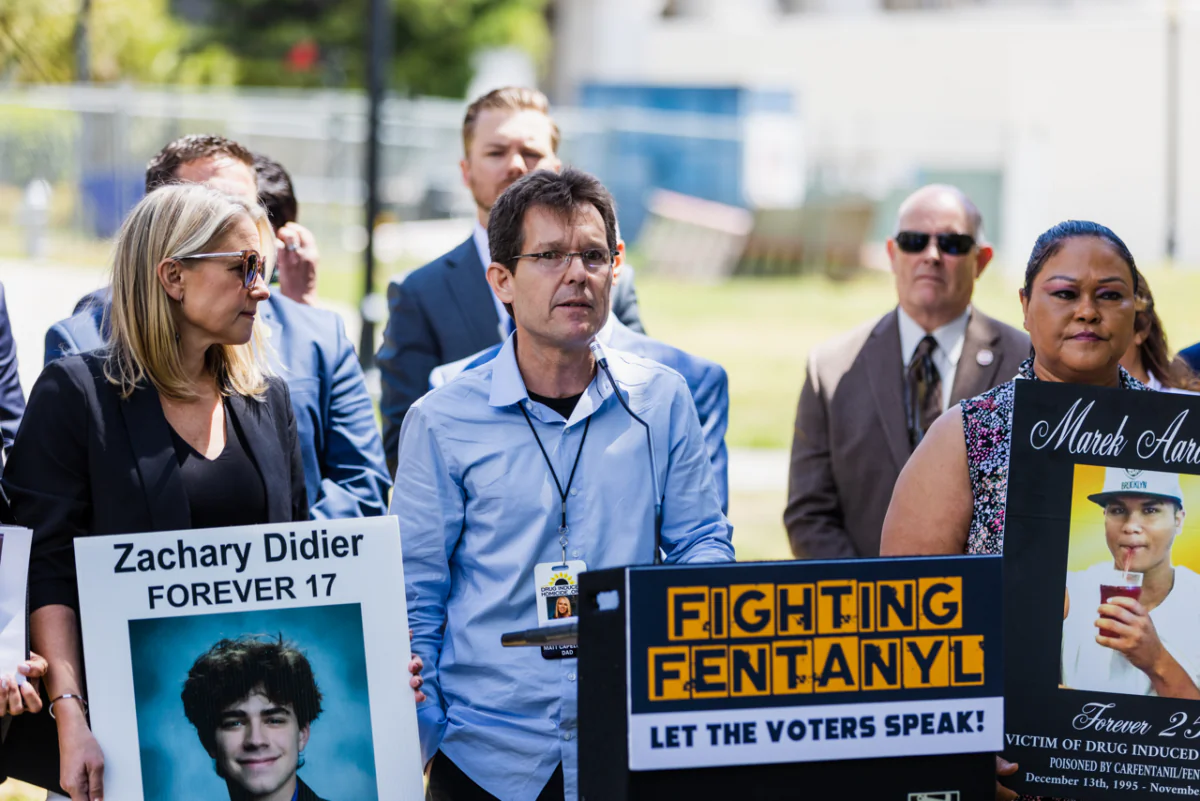Matt Capelouto, the father of fentanyl poisoning victim Alexandra—the namesake of California's Senate Bill 44—speaks at a press conference where California Assemblymembers, law enforcement officials, and local representatives propose to put stricter fentanyl enforcement on the upcoming 2024 ballot, in front of the Capitol in Sacramento on June 6, 2023. (Courtesy of Assembly Republican Caucus)
