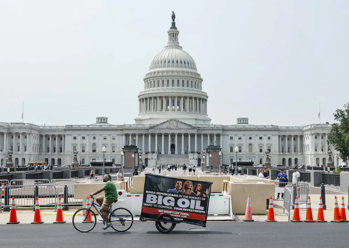 A mobile billboard opposing House Oversight Committee Republicans rolls past the U.S. Capitol in Washington on May 10, 2023. (Jemal Countess/Getty Images for Congressional Integrity Project)