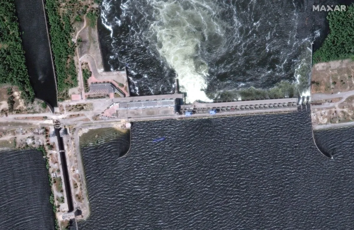 Nova Kakhovka dam and hydroelectric power facility in Ukraine, on June 6, 2023. (Maxar Technologies/Handout via Reuters)