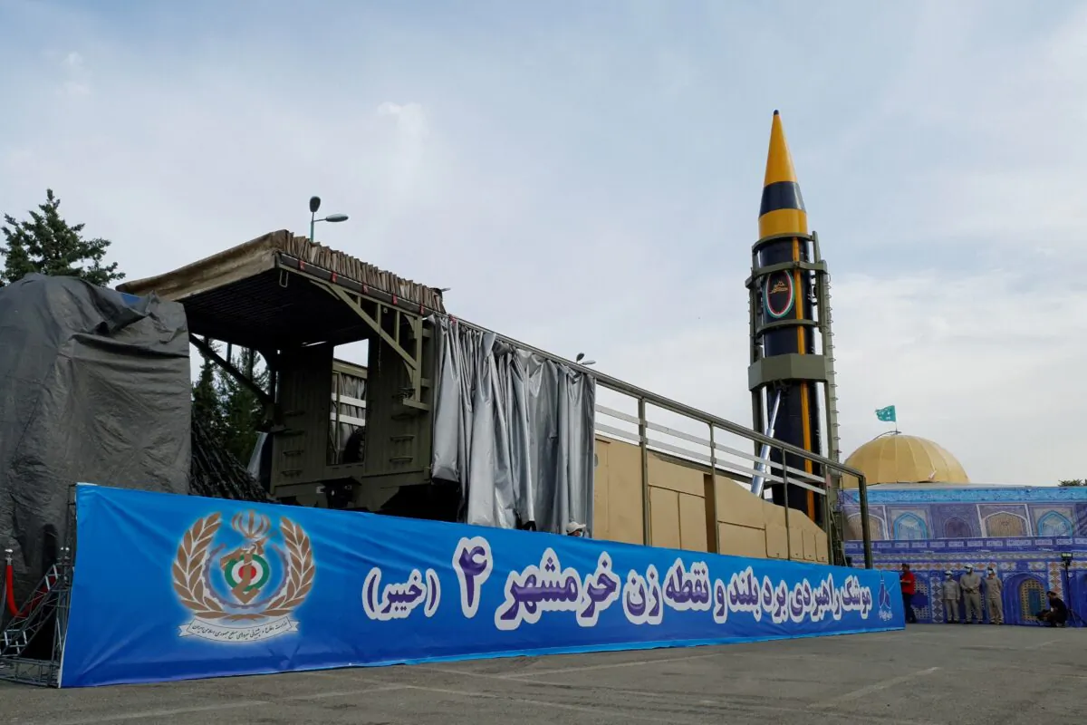 A new surface-to-surface ballistic missile called Khaibar with a range of 2,000 km, unveiled by Iran, in Tehran, Iran, on May 25, 2023. (WANA (West Asia News Agency) via Reuters)
