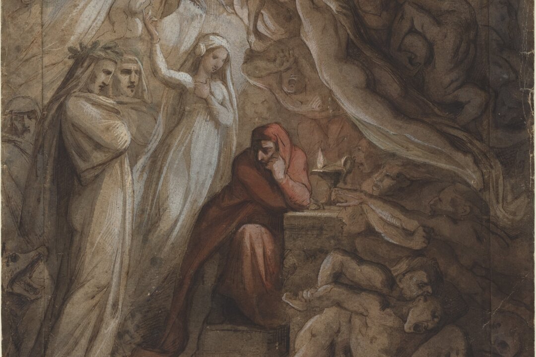 A detail of “Dante Meditating on ‘The Divine Comedy,’" 1843, by Jean-Jacques Feuchère. Pen and brown ink with brown wash and watercolor over graphite, heightened with white gouache, on three joined sheets of laid paper; 16 5/8 inches by 14 3/16 inches. Gift of the Christian Humann Foundation (1996), National Gallery of Art, Washington. (Public Domain)