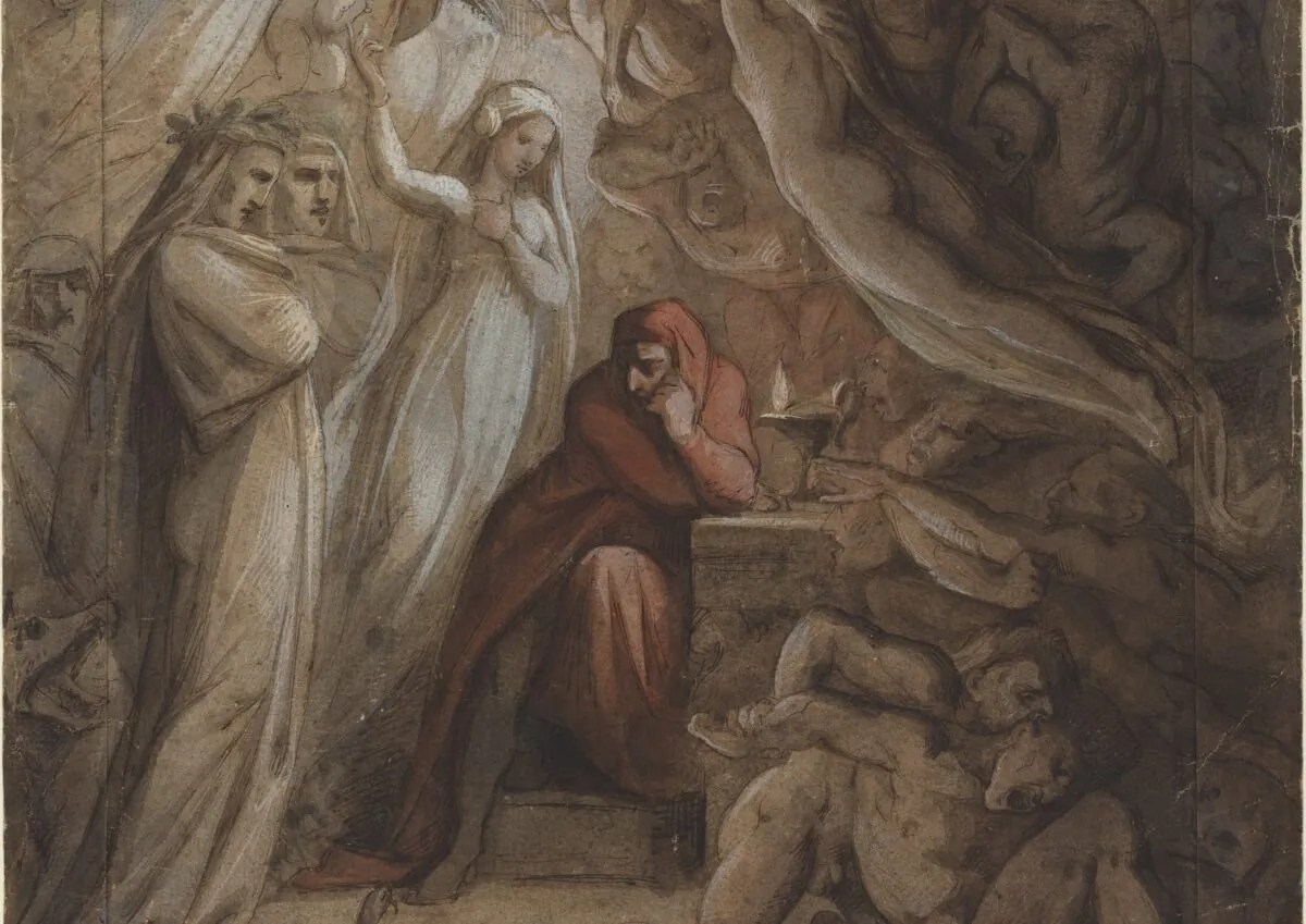 A detail of “Dante Meditating on ‘The Divine Comedy,’" 1843, by Jean-Jacques Feuchère. Pen and brown ink with brown wash and watercolor over graphite, heightened with white gouache, on three joined sheets of laid paper; 16 5/8 inches by 14 3/16 inches. Gift of the Christian Humann Foundation (1996), National Gallery of Art, Washington. (Public Domain)