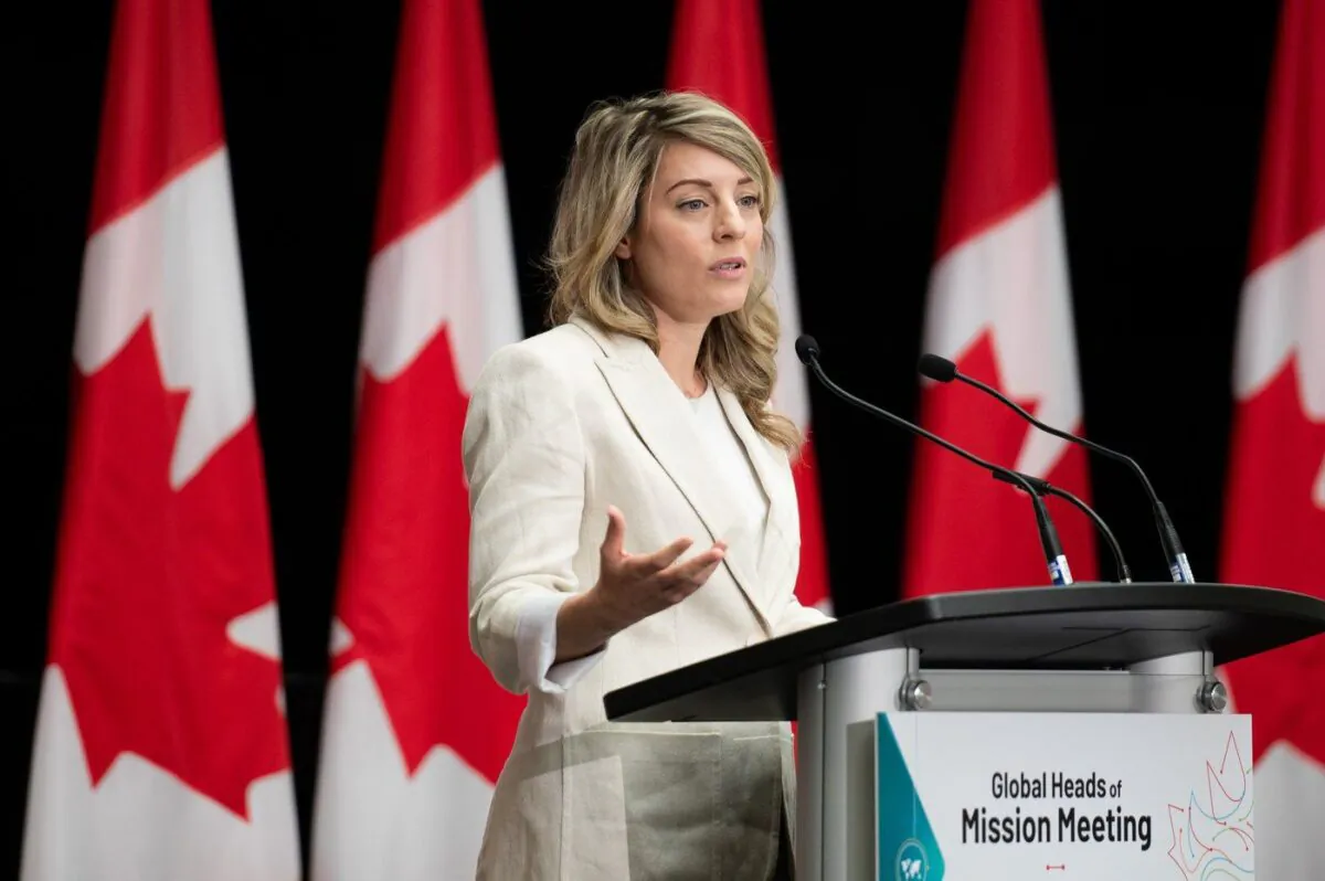 Minister of Foreign Affairs Mélanie Joly delivers remarks at the Global Heads of Mission Meeting discussing the Future of Diplomacy Initiative in Ottawa, on June 7, 2023. (The Canadian Press/Spencer Colby)