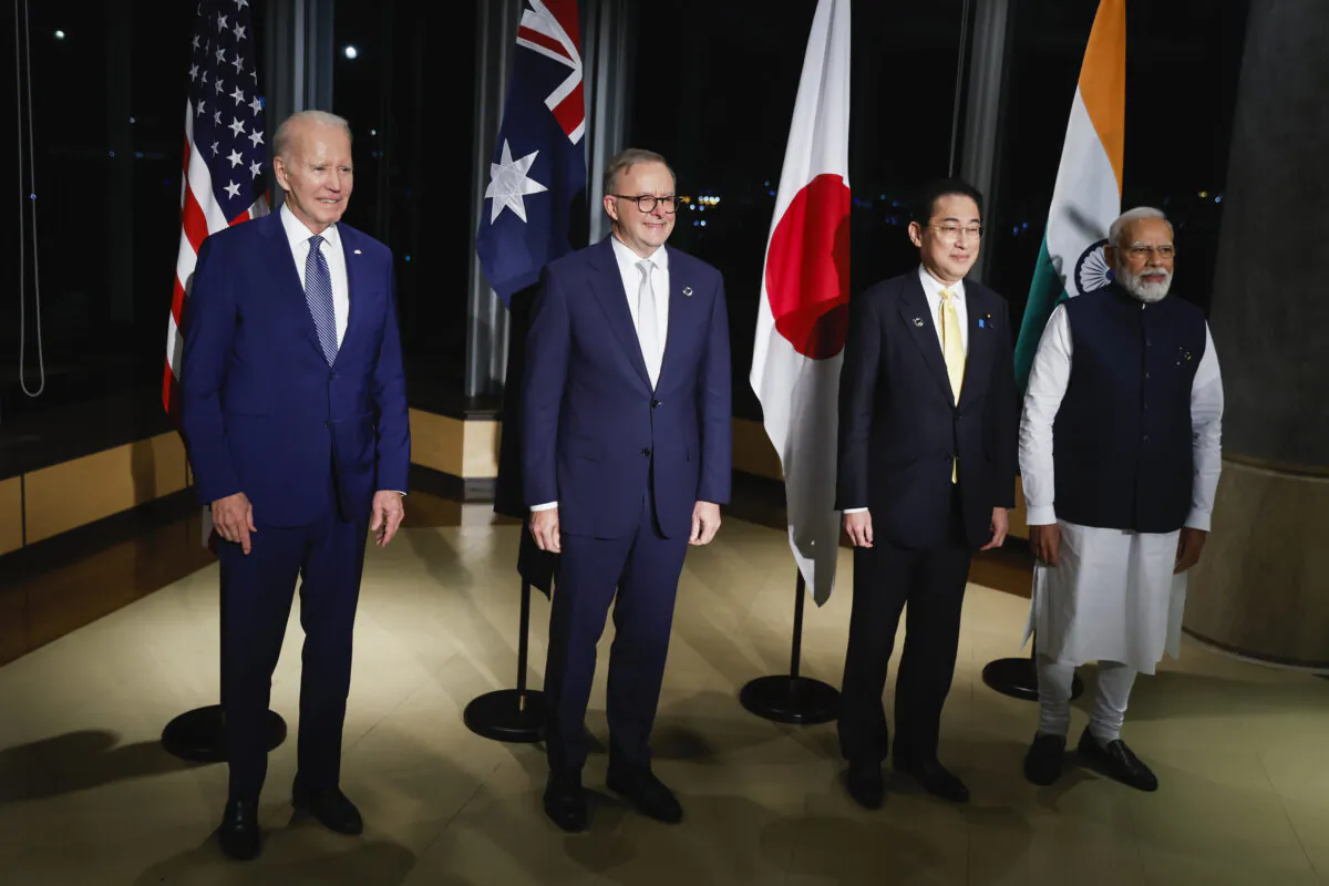 (L–R) U.S. President Joe Biden, Australia's Prime Minister Anthony Albanese, Japan's Prime Minister Fumio Kishida, and India's Prime Minister Narendra Modi hold a Quad meeting on the sidelines of the G–7 summit, at the Grand Prince Hotel in Hiroshima, western Japan, on May 20, 2023. (Jonathan Ernst/Pool Photo via AP)