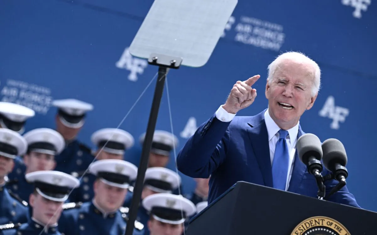 President Joe Biden delivers the commencement address at the U.S. Air Force Academy, just north of Colorado Springs, Colo., on June 1, 2023. (Brendan Smialowski/Getty Images)