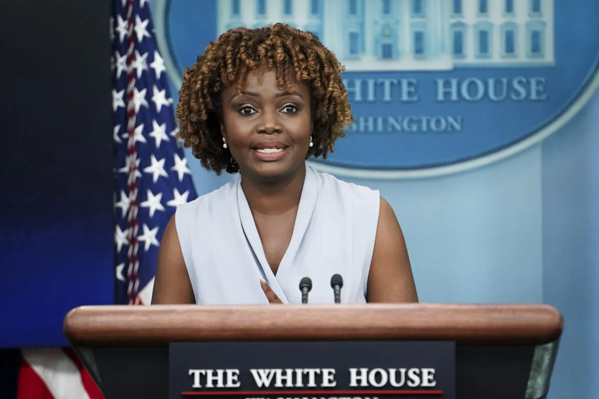 White House press secretary Karine Jean-Pierre answers questions from the media during the daily press briefing at the White House in Washington on June 7, 2023. (Madalina Vasiliu/The Epoch Times)